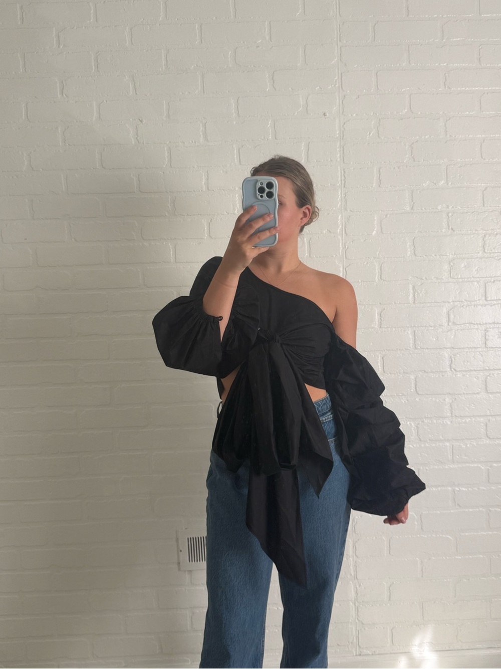 Johanna Ortiz Blouse Off The Shoulder Front Tie in Black